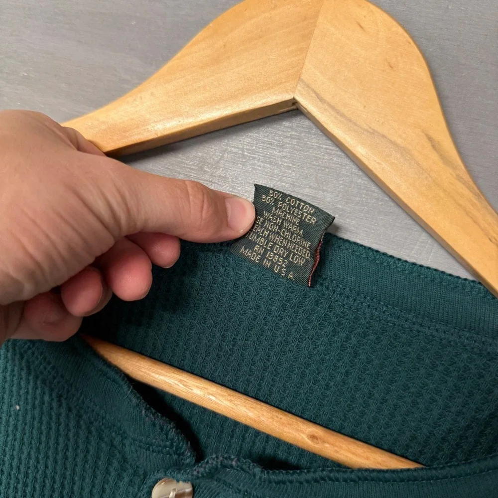 Vintage Greatland Thermal Henley Shirt Green‎ Waffle Knit Long Sleeve Large